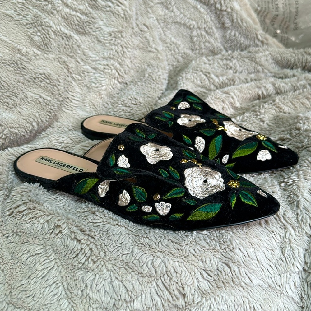 Karl Lagerfeld velvet floral embroidered flat mules